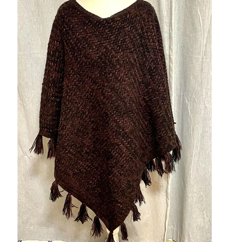 Style & Co Plus Size 2X/3X Brown Textured Knit Fringe Poncho Boho Cape